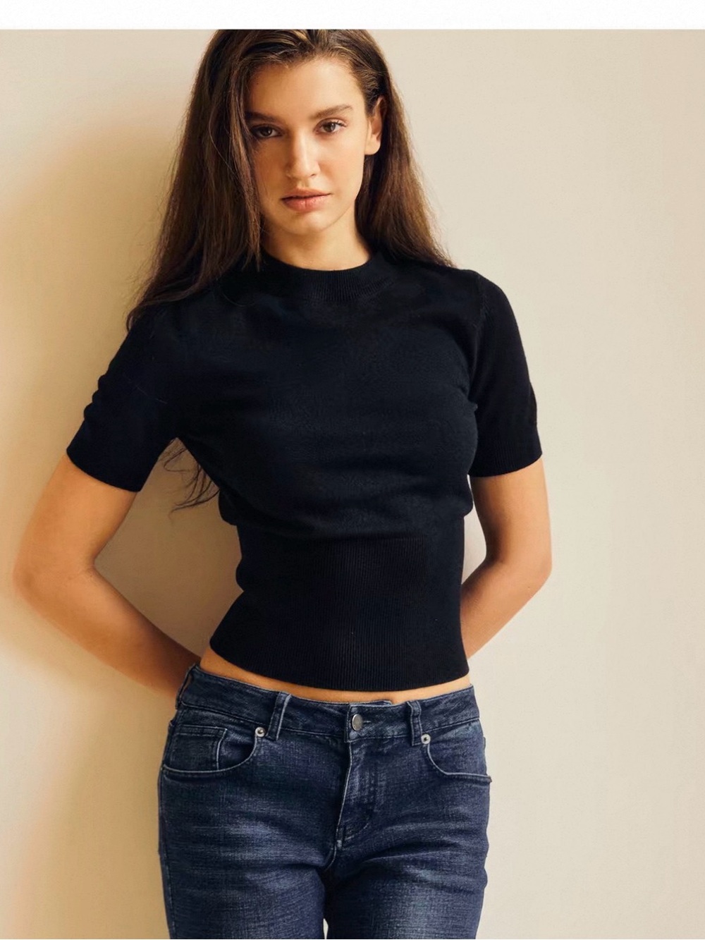 Wool blended knit top tee in black
